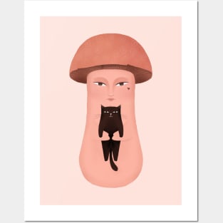 Cute happy mushroom with happy black cat Posters and Art